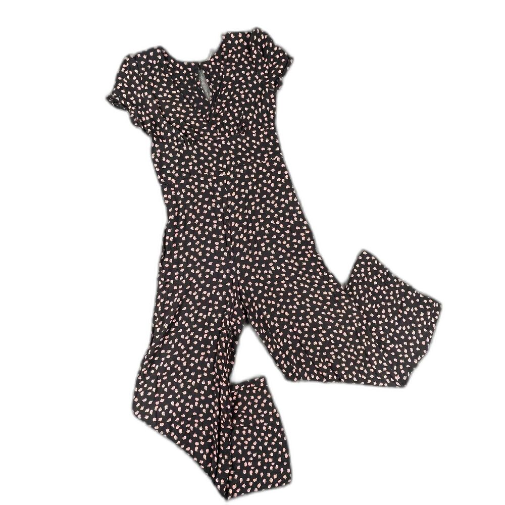 Free People Floral Wide Leg Jumpsuit 6 Black Boho Short Sleeve Romper Peasant